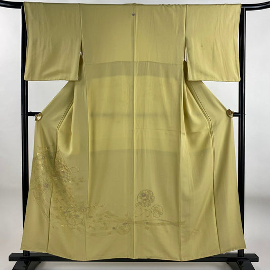 付下 身長156cm 袖長64.5cm M 雙層 雪輪 草鳥 刺繡 淺黃土 純蠶絲 優品級 一個紋
