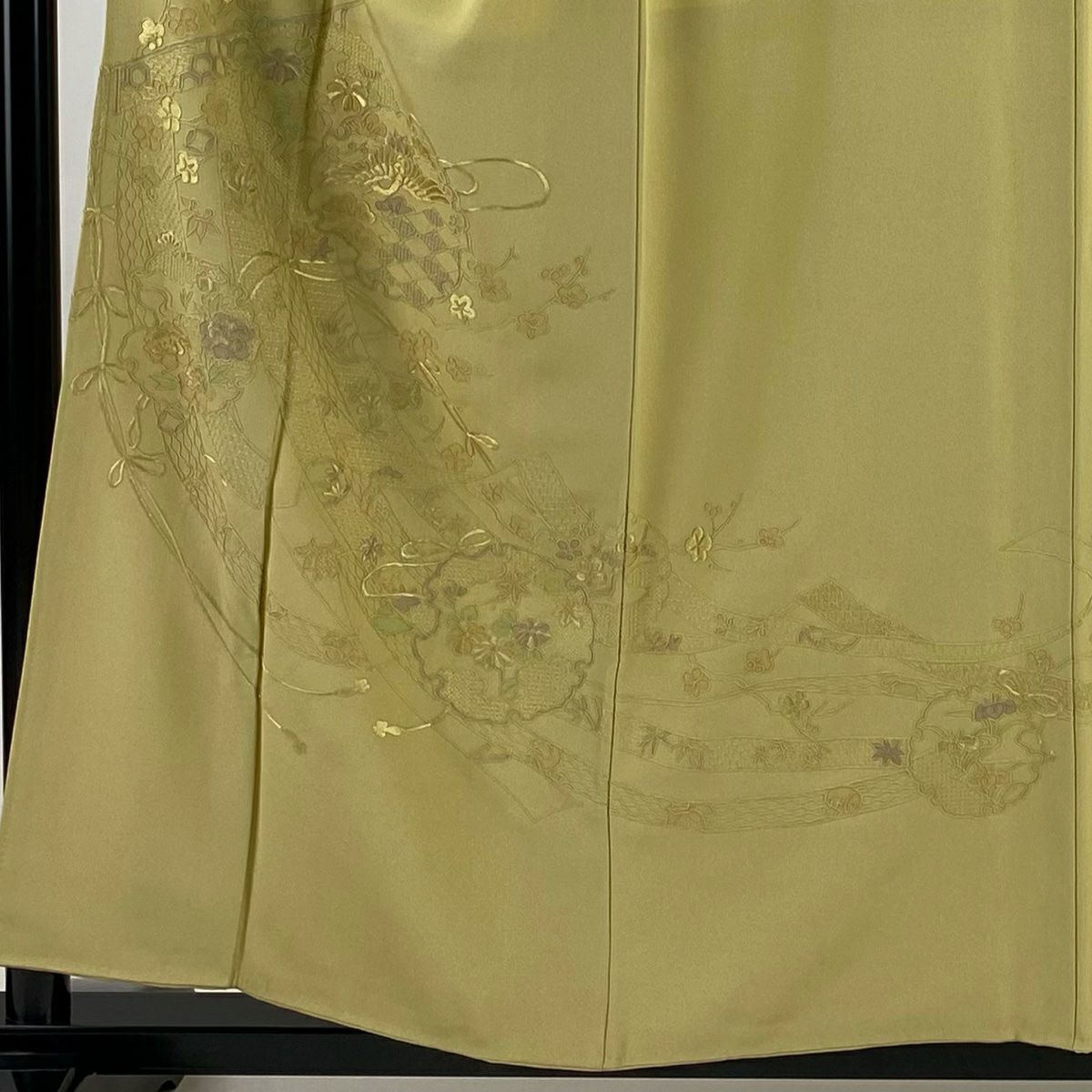 付下 身長156cm 袖長64.5cm M 雙層 雪輪 草鳥 刺繡 淺黃土 純蠶絲 優品級 一個紋