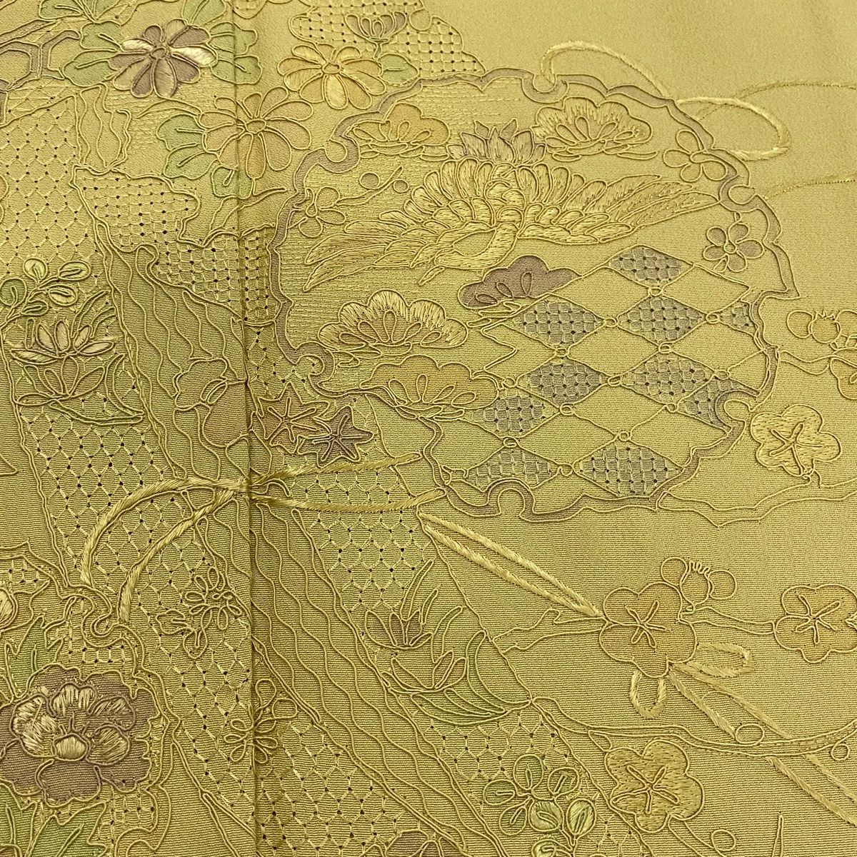 付下 身長156cm 袖長64.5cm M 雙層 雪輪 草鳥 刺繡 淺黃土 純蠶絲 優品級 一個紋