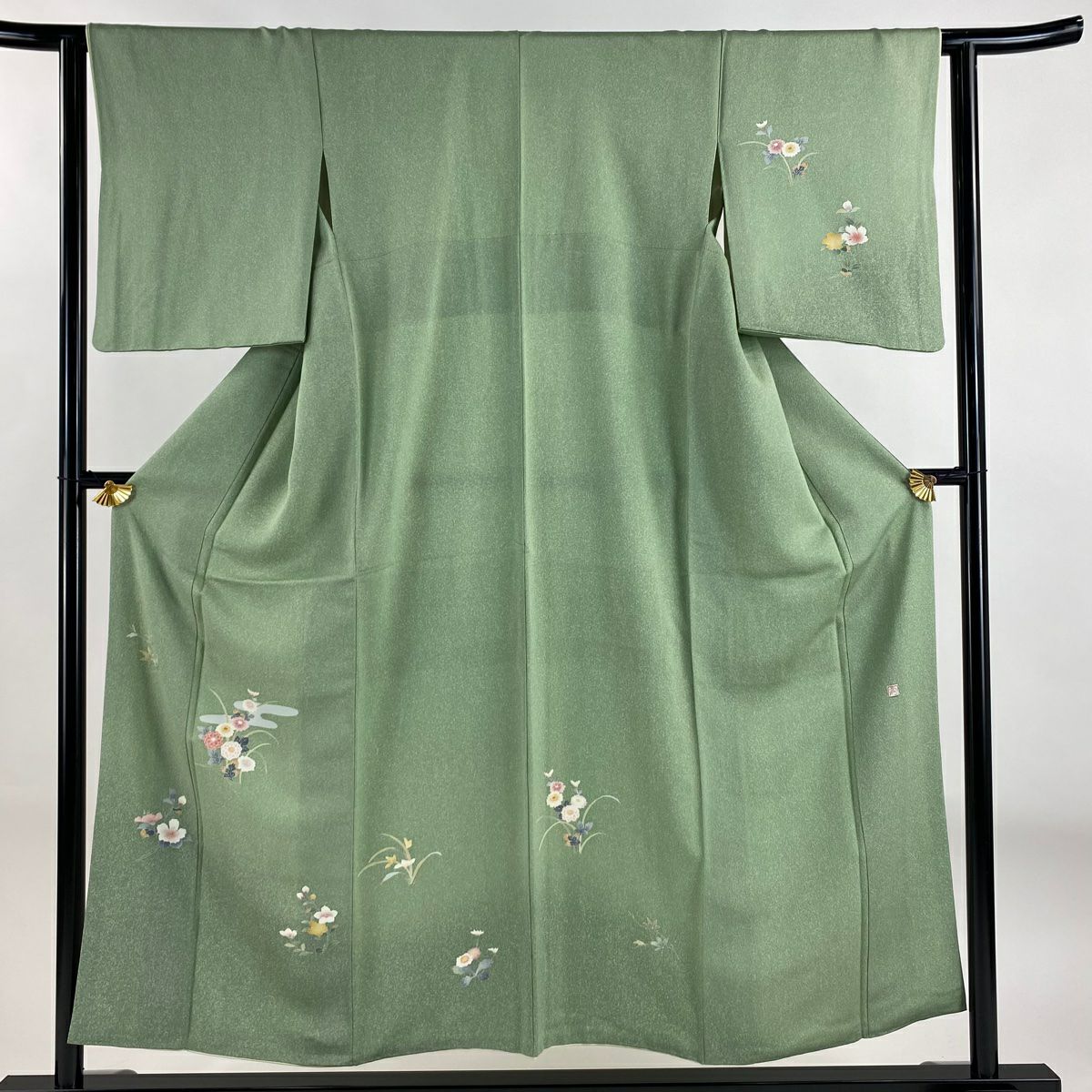【美品】 付下 身長152.5cm 袖長62.5cm S 雙層 落款あり 菊花 ヱ霞 薄綠 純蠶絲 秀品級