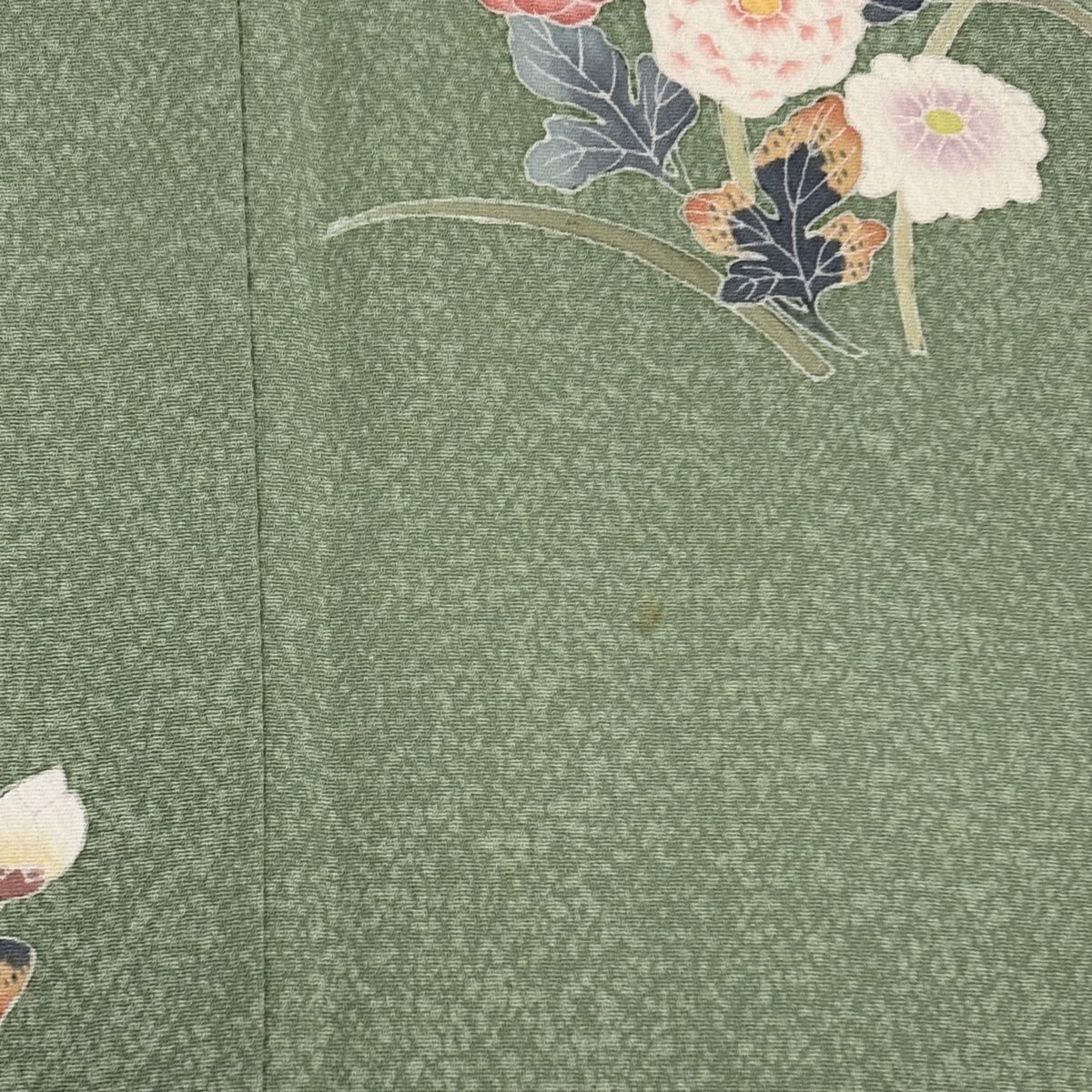 【美品】 付下 身長152.5cm 袖長62.5cm S 雙層 落款あり 菊花 ヱ霞 薄綠 純蠶絲 秀品級