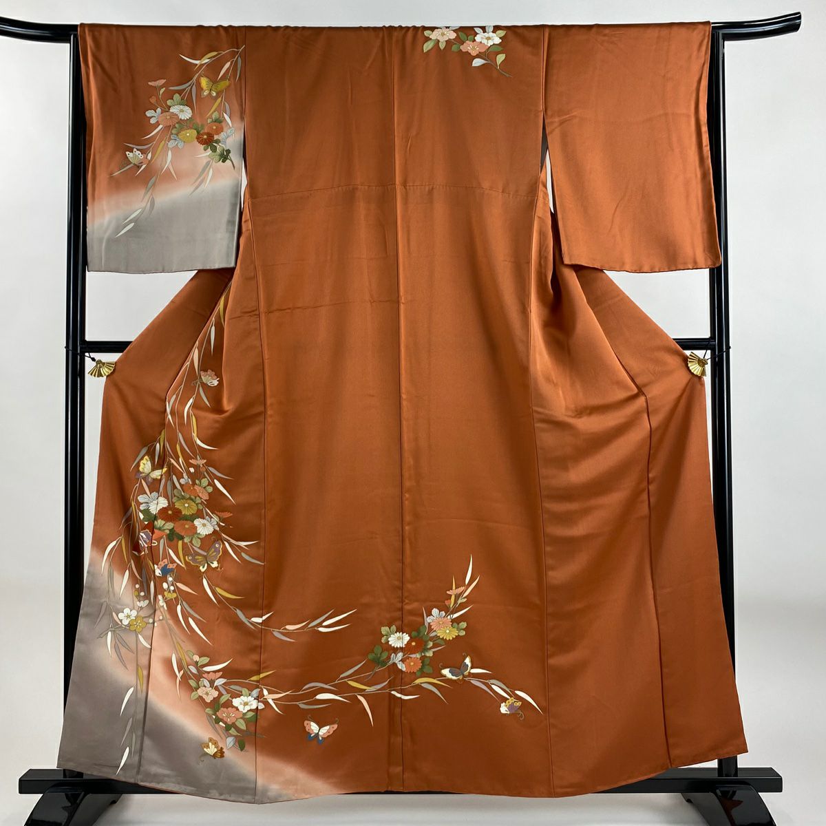 訪問服 身長157.5cm 袖長64.5cm M 雙層 花束 蝶 金彩裝飾 漸層 紅茶 純蠶絲 優品級
