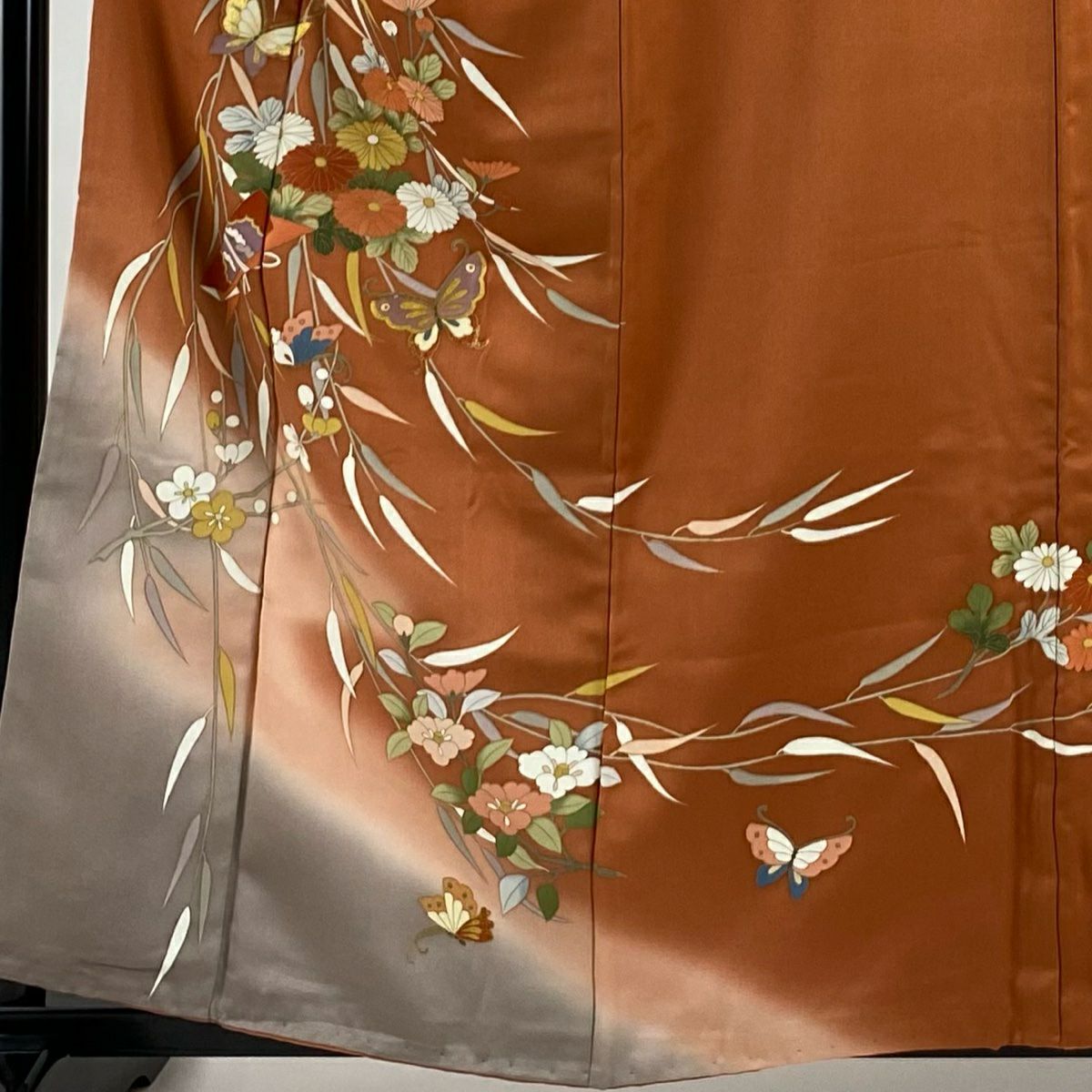 訪問服 身長157.5cm 袖長64.5cm M 雙層 花束 蝶 金彩裝飾 漸層 紅茶 純蠶絲 優品級