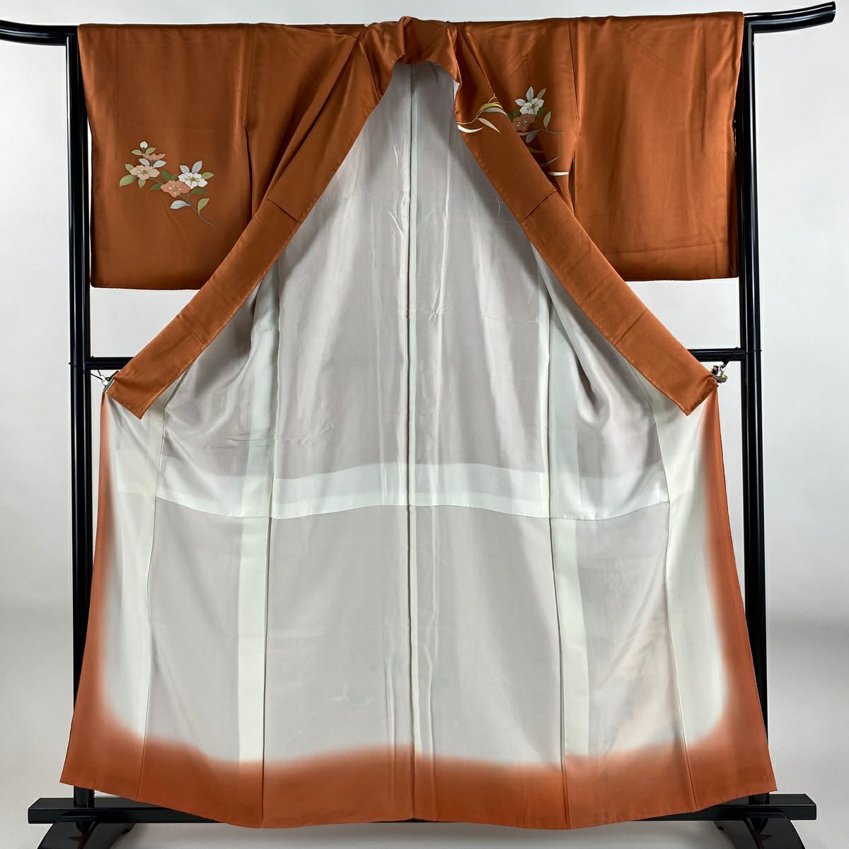 訪問服 身長157.5cm 袖長64.5cm M 雙層 花束 蝶 金彩裝飾 漸層 紅茶 純蠶絲 優品級