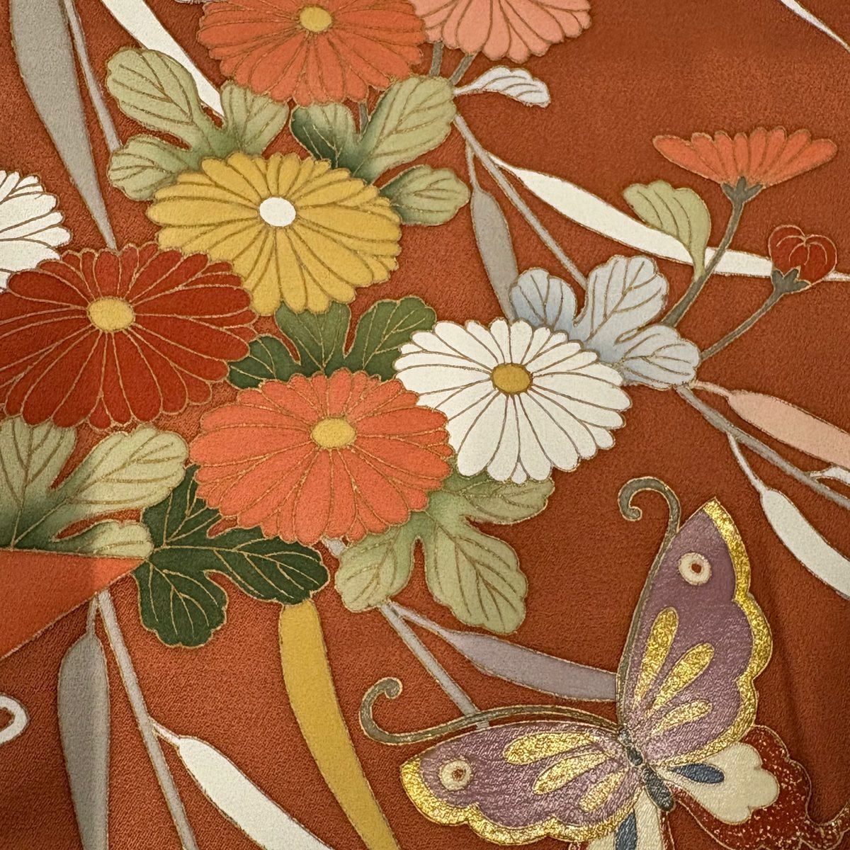 訪問服 身長157.5cm 袖長64.5cm M 雙層 花束 蝶 金彩裝飾 漸層 紅茶 純蠶絲 優品級