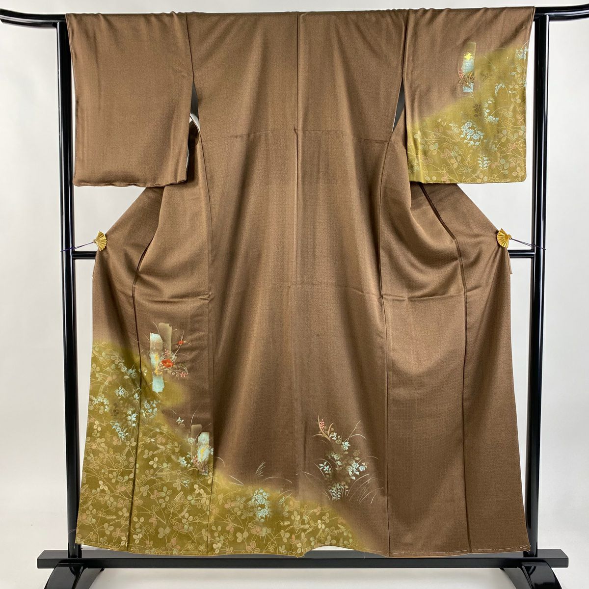 付下 身長157cm 袖長62.5cm S 雙層 破裂短冊 椿 刺繡 金線 焦茶 純蠶絲 秀品級