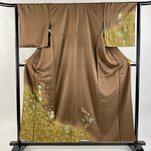 付下 身長157cm 袖長62.5cm S 雙層 破裂短冊 椿 刺繡 金線 焦茶 純蠶絲 秀品級