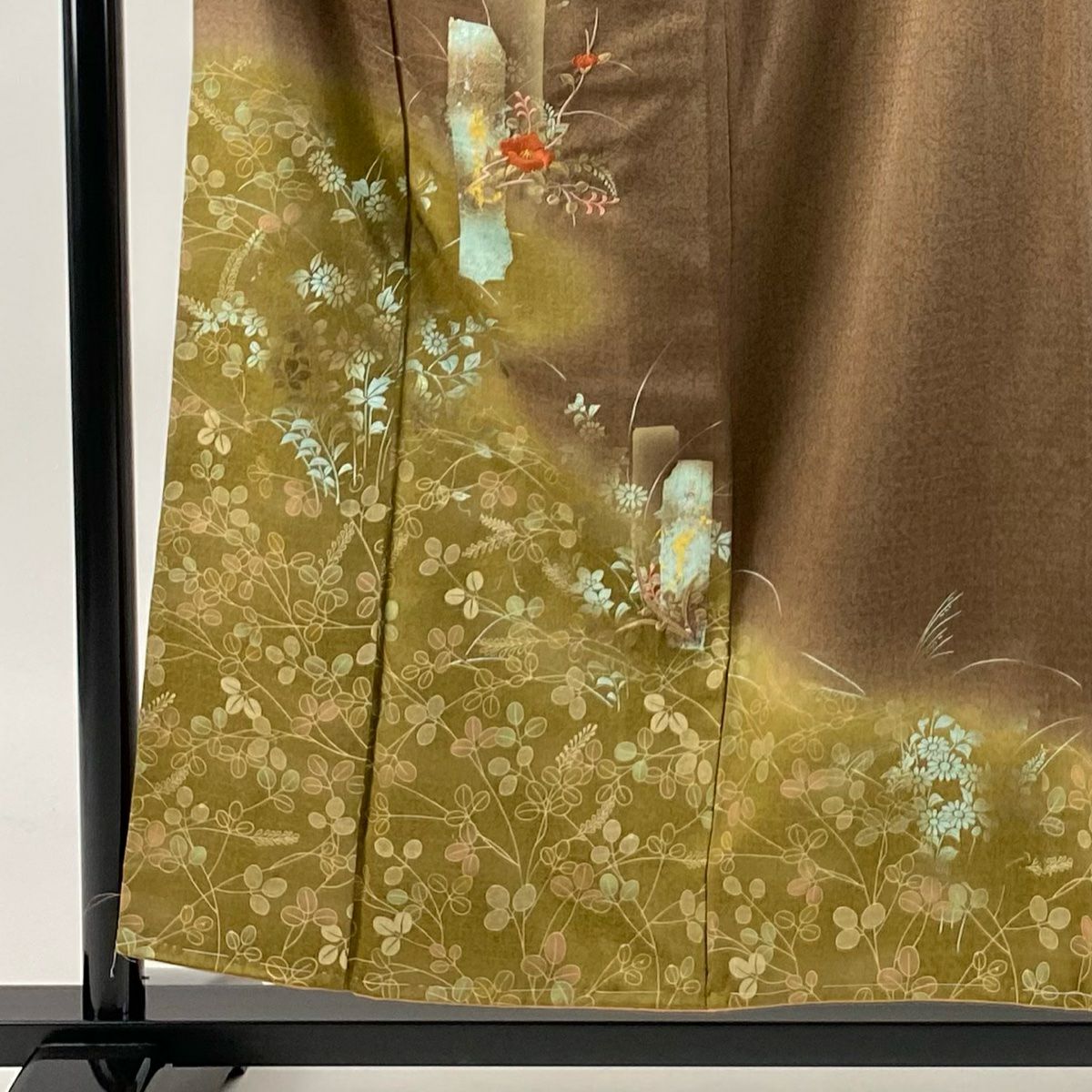 付下 身長157cm 袖長62.5cm S 雙層 破裂短冊 椿 刺繡 金線 焦茶 純蠶絲 秀品級