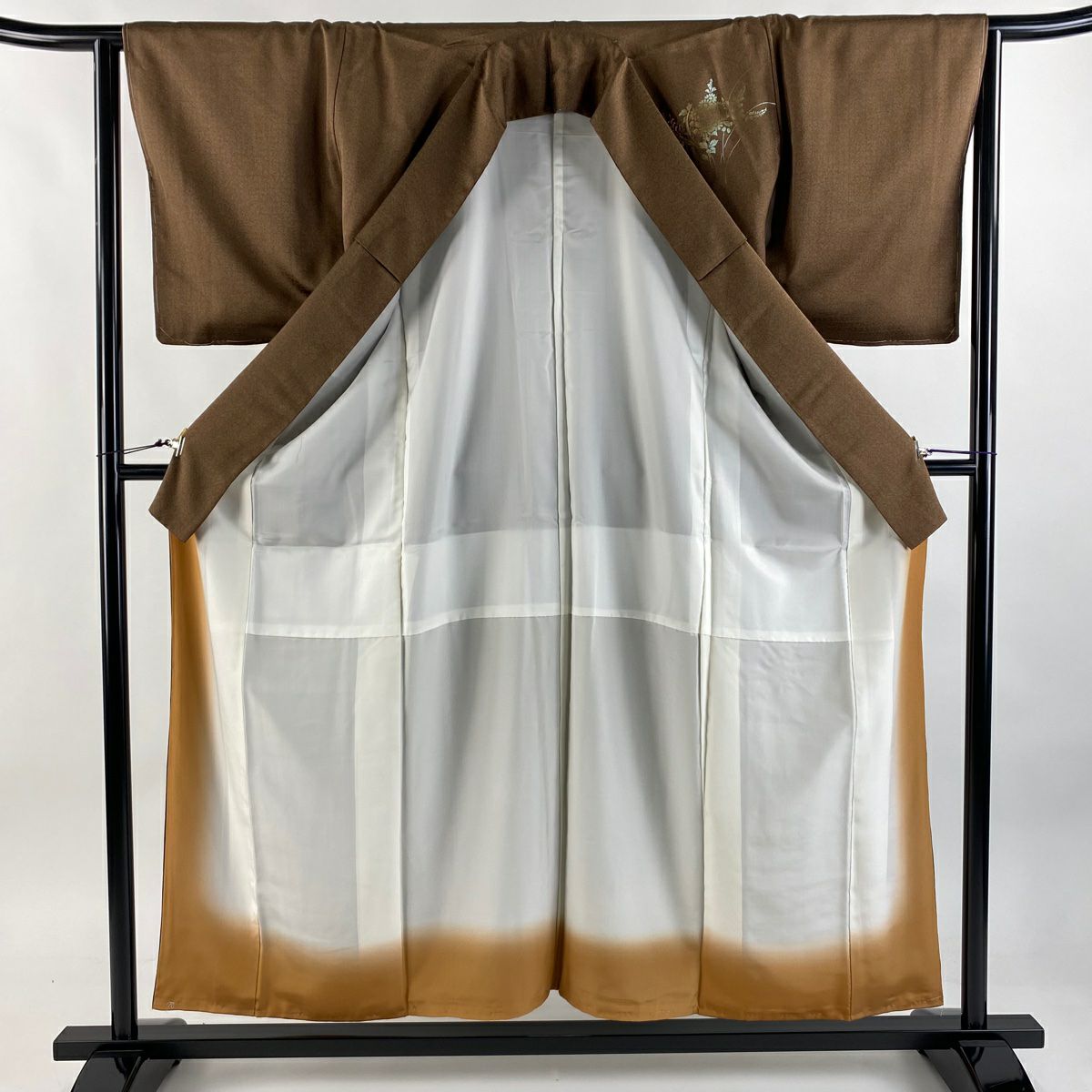 付下 身長157cm 袖長62.5cm S 雙層 破裂短冊 椿 刺繡 金線 焦茶 純蠶絲 秀品級