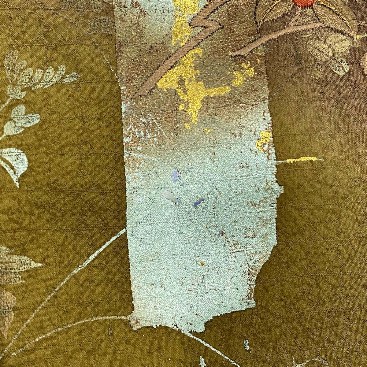 付下 身長157cm 袖長62.5cm S 雙層 破裂短冊 椿 刺繡 金線 焦茶 純蠶絲 秀品級
