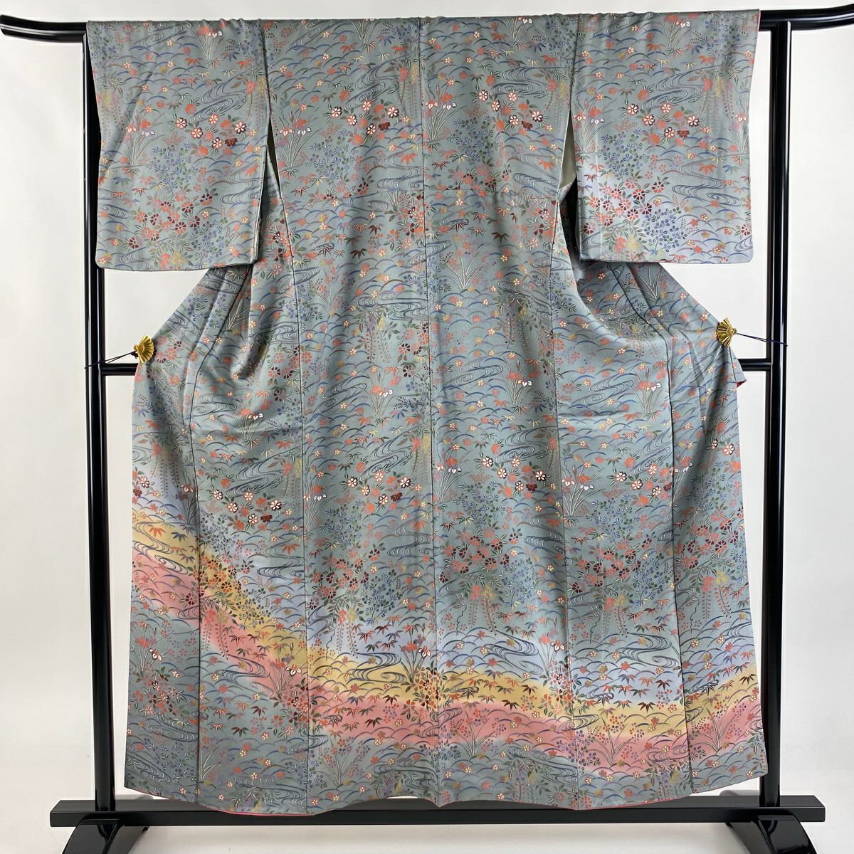 付下 身長157.5cm 袖長64cm M 雙層 草花紋紋 流水 染分 ぼかし 青灰 純蠶絲 秀品級
