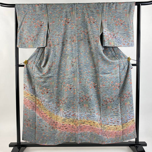 付下 身長157.5cm 袖長64cm M 雙層 草花紋紋 流水 染分 ぼかし 青灰 純蠶絲 秀品級