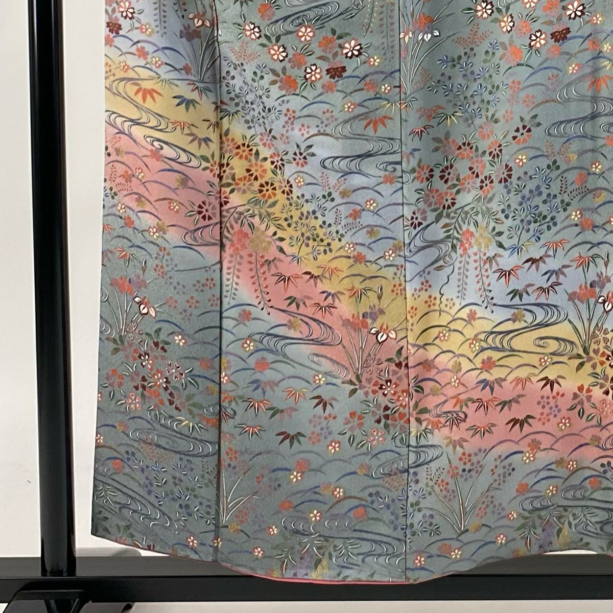 付下 身長157.5cm 袖長64cm M 雙層 草花紋紋 流水 染分 ぼかし 青灰 純蠶絲 秀品級