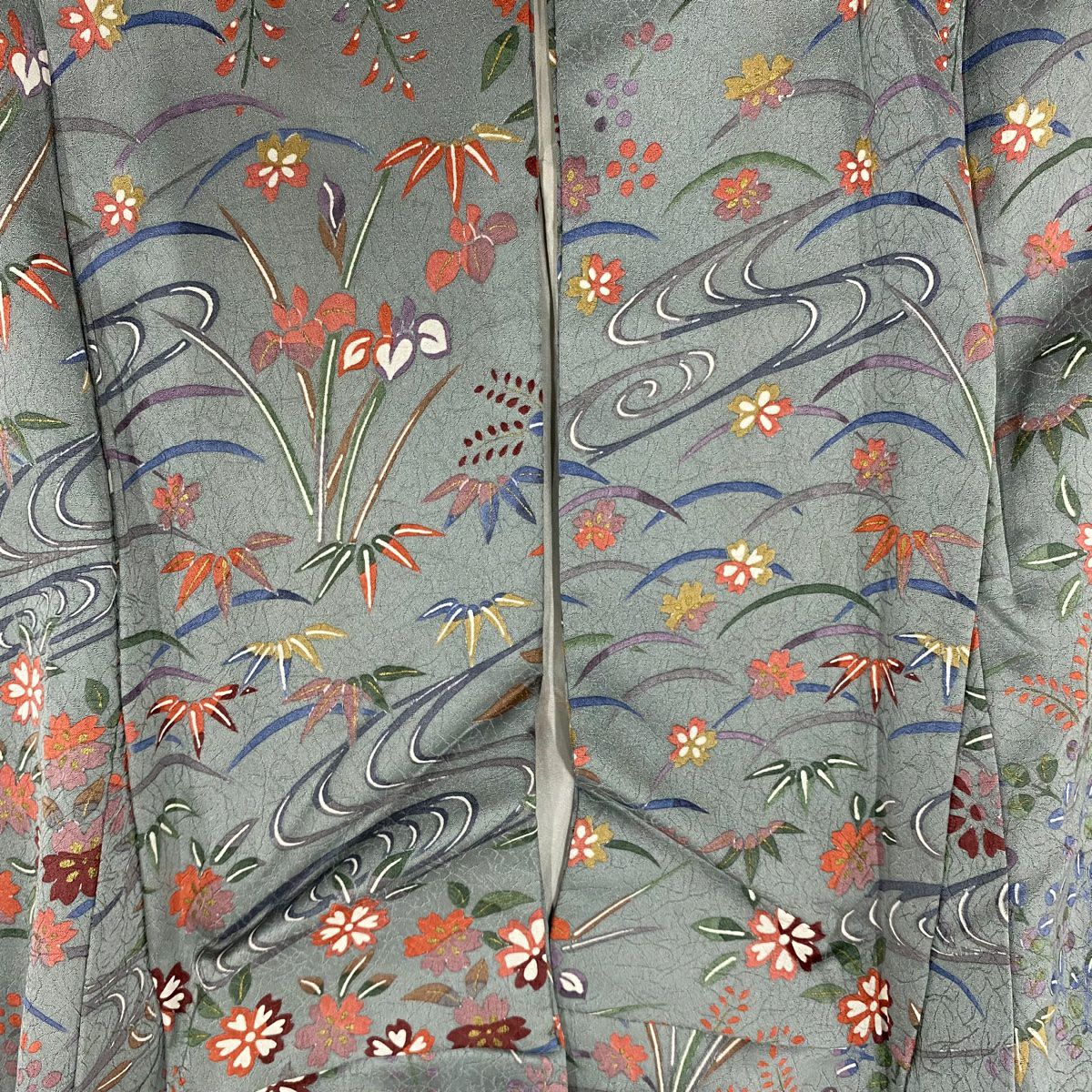 付下 身長157.5cm 袖長64cm M 雙層 草花紋紋 流水 染分 ぼかし 青灰 純蠶絲 秀品級