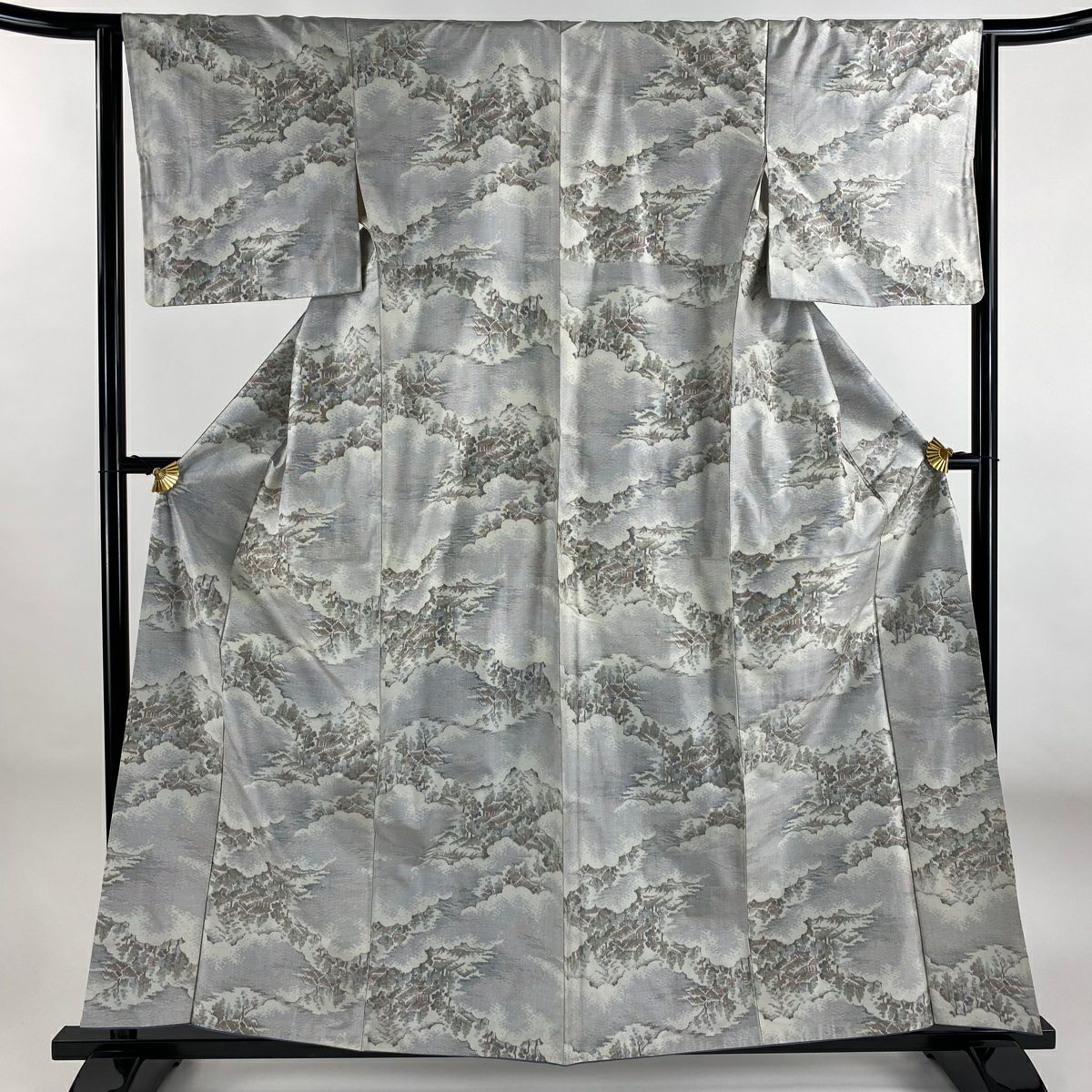 【美品】 紬織 身長160cm 袖長64cm M 雙層 證書齊全 雲紋 建築 青灰 純蠶絲 優品級