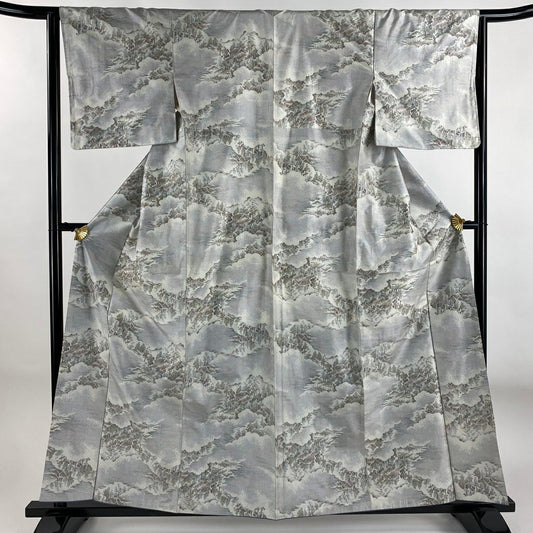 【美品】 紬織 身長160cm 袖長64cm M 雙層 證書齊全 雲紋 建築 青灰 純蠶絲 優品級