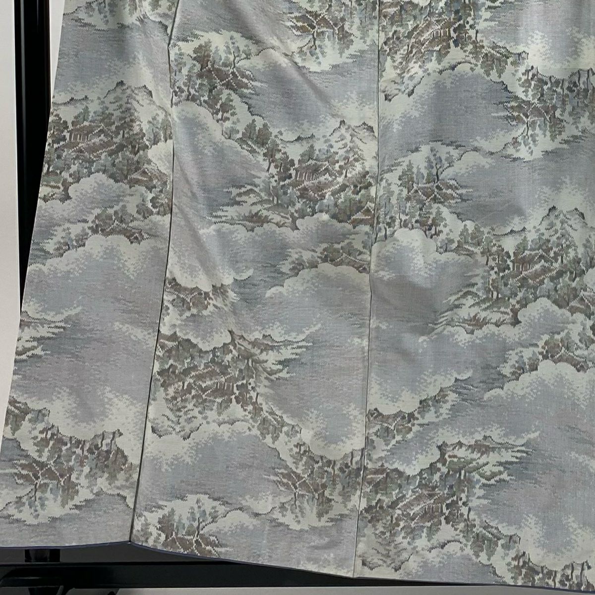 【美品】 紬織 身長160cm 袖長64cm M 雙層 證書齊全 雲紋 建築 青灰 純蠶絲 優品級