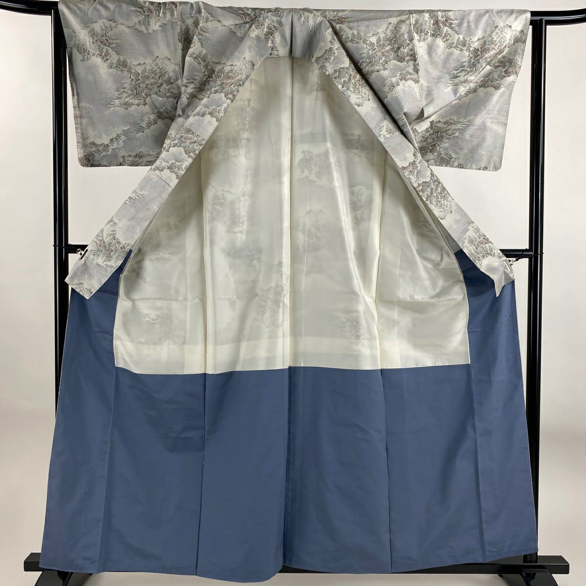 【美品】 紬織 身長160cm 袖長64cm M 雙層 證書齊全 雲紋 建築 青灰 純蠶絲 優品級