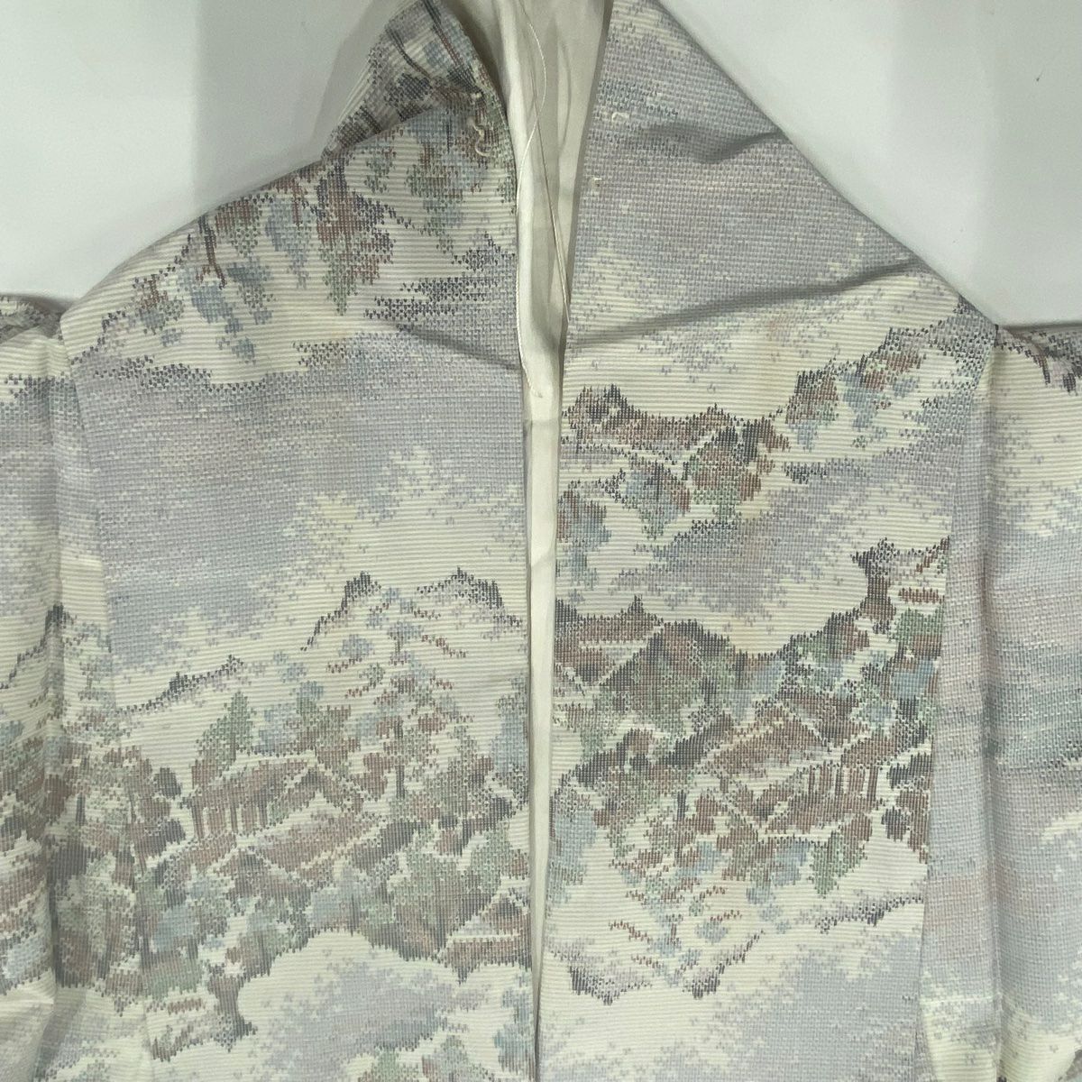 【美品】 紬織 身長160cm 袖長64cm M 雙層 證書齊全 雲紋 建築 青灰 純蠶絲 優品級