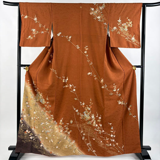 訪問服 身長164.5cm 袖長63.5cm S 雙層 文箱 草花紋紋 金彩裝飾 染分 紅茶 純蠶絲 秀品級 一つ紋