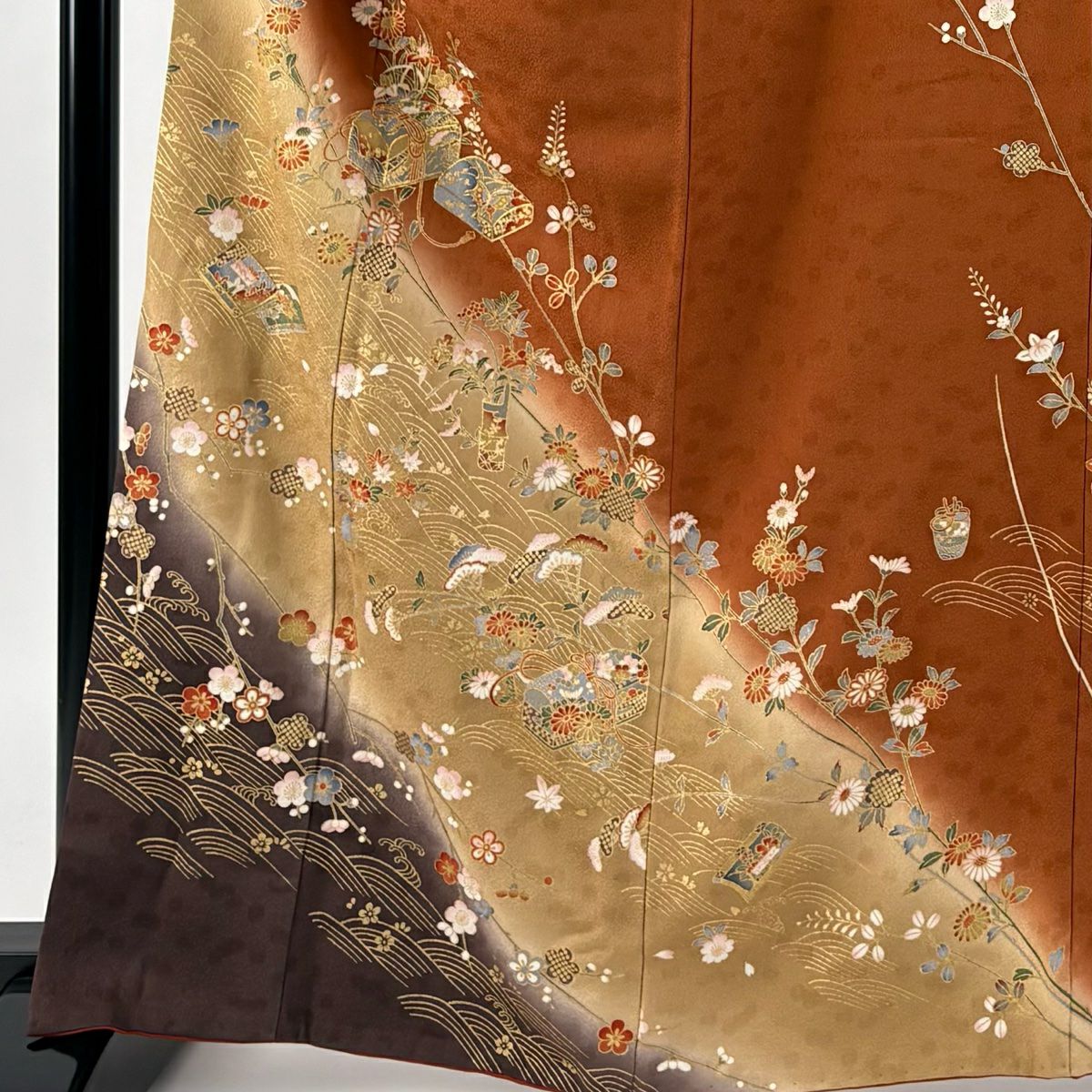 訪問服 身長164.5cm 袖長63.5cm S 雙層 文箱 草花紋紋 金彩裝飾 染分 紅茶 純蠶絲 秀品級 一つ紋