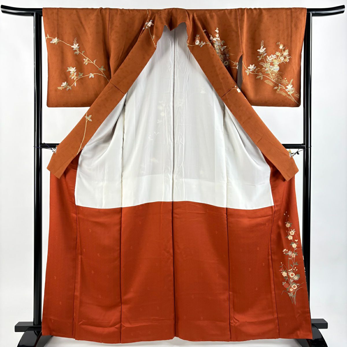 訪問服 身長164.5cm 袖長63.5cm S 雙層 文箱 草花紋紋 金彩裝飾 染分 紅茶 純蠶絲 秀品級 一つ紋