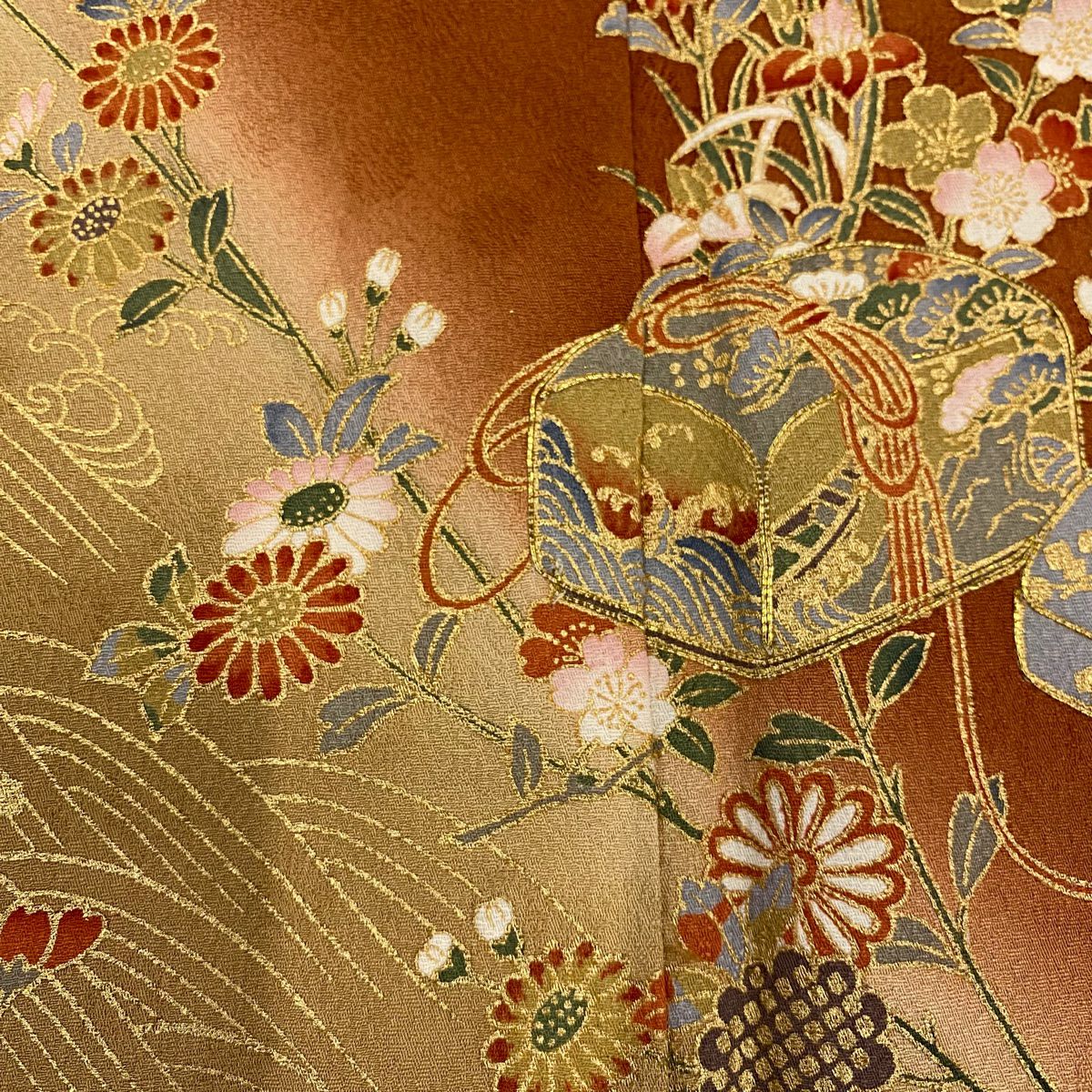 訪問服 身長164.5cm 袖長63.5cm S 雙層 文箱 草花紋紋 金彩裝飾 染分 紅茶 純蠶絲 秀品級 一つ紋