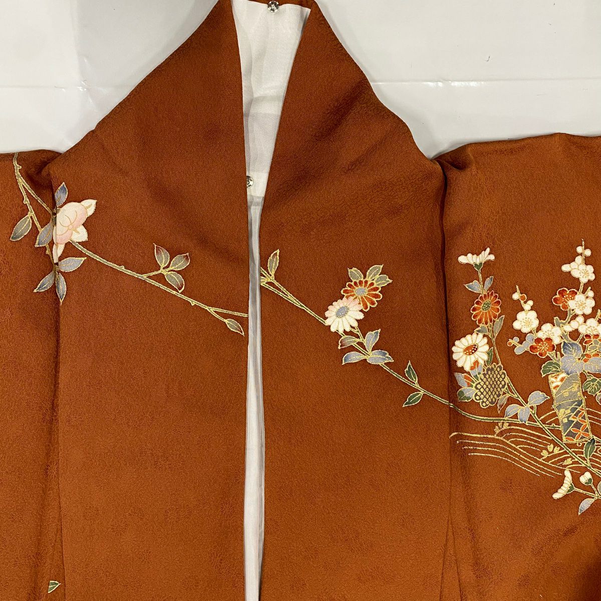 訪問服 身長164.5cm 袖長63.5cm S 雙層 文箱 草花紋紋 金彩裝飾 染分 紅茶 純蠶絲 秀品級 一つ紋