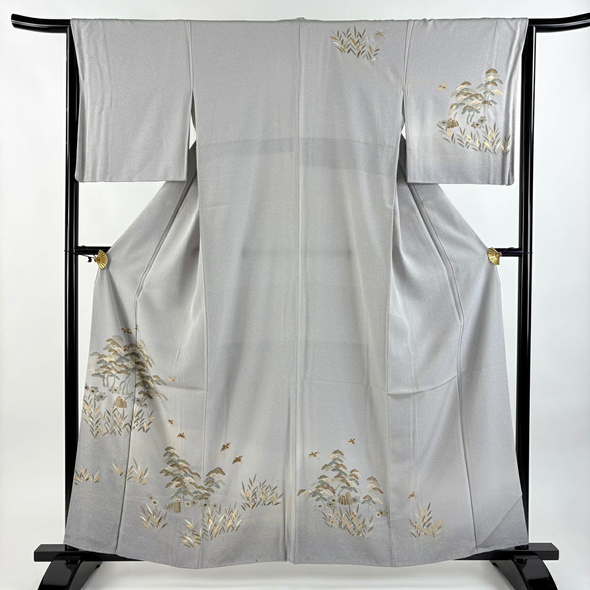 訪問服 身長159cm 袖長64cm M 雙層 笠松樹 花鳥 金彩裝飾 漸層 灰色 純蠶絲 優品級