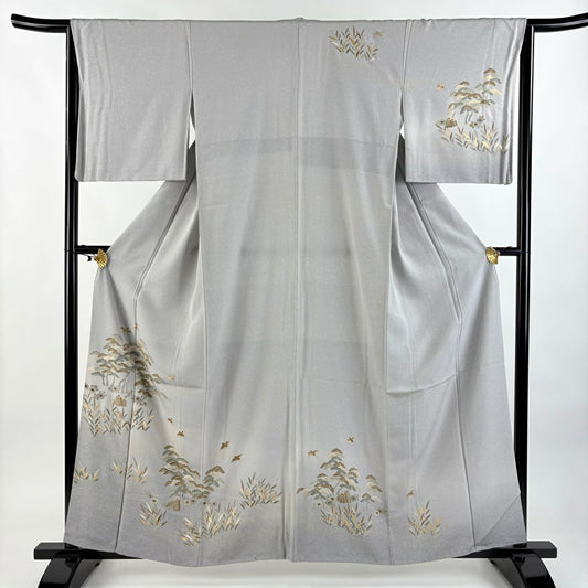 訪問服 身長159cm 袖長64cm M 雙層 笠松樹 花鳥 金彩裝飾 漸層 灰色 純蠶絲 優品級