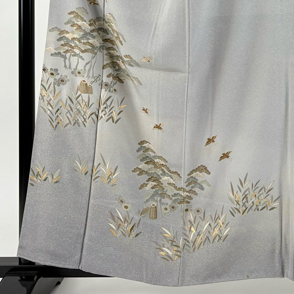 訪問服 身長159cm 袖長64cm M 雙層 笠松樹 花鳥 金彩裝飾 漸層 灰色 純蠶絲 優品級