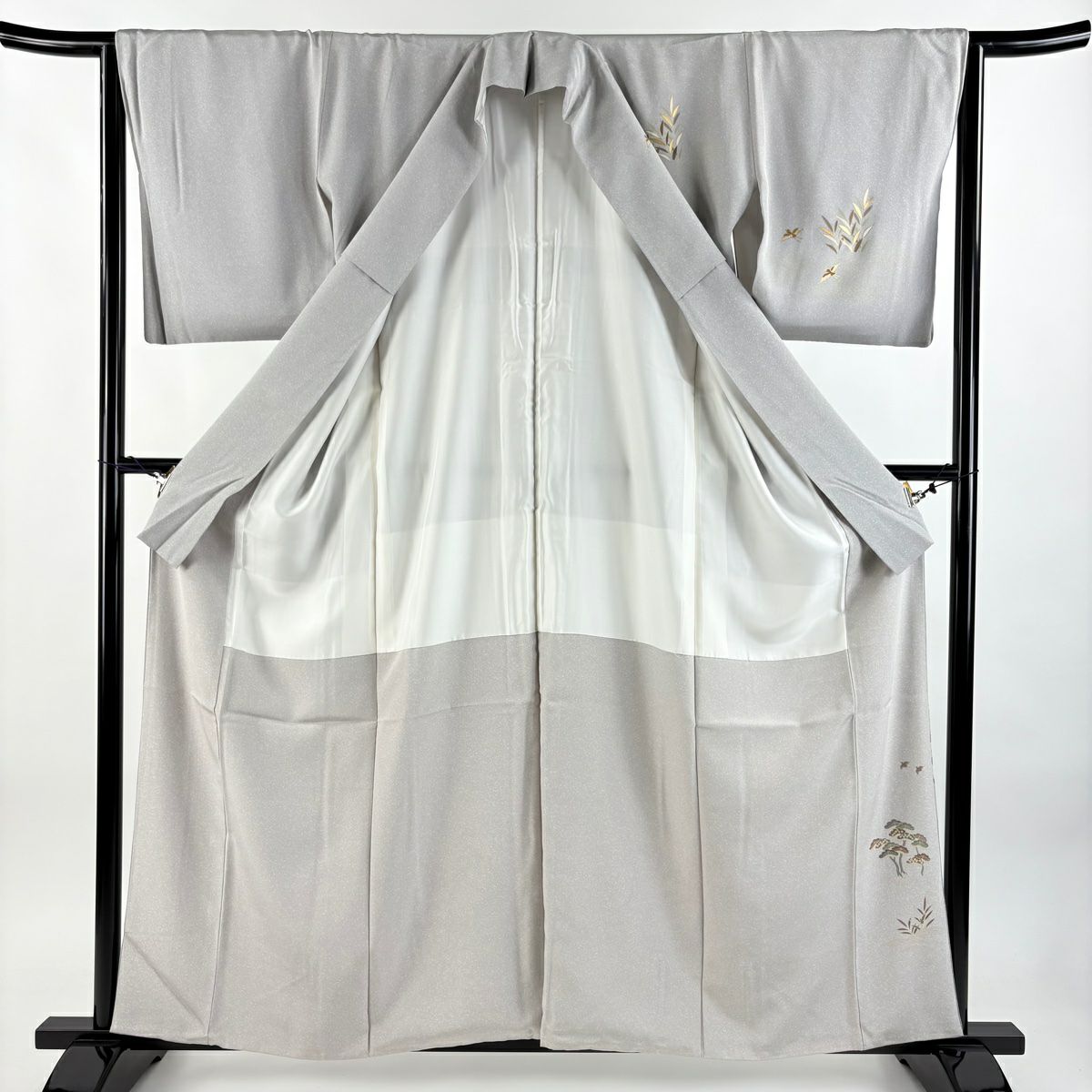 訪問服 身長159cm 袖長64cm M 雙層 笠松樹 花鳥 金彩裝飾 漸層 灰色 純蠶絲 優品級