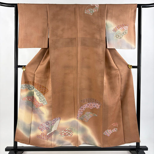 【美品】訪問服 身長154cm 袖長62.5cm S 雙層 扇子面 有職紋樣 銀通し 漸層 粉米色 純蠶絲 秀品級