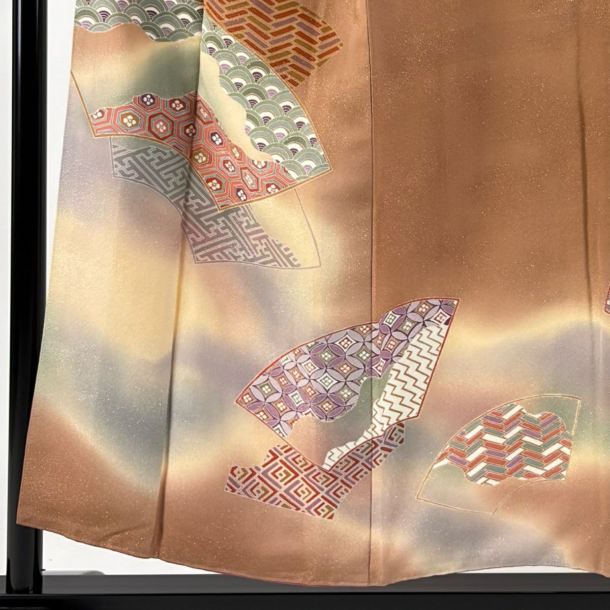 【美品】訪問服 身長154cm 袖長62.5cm S 雙層 扇子面 有職紋樣 銀通し 漸層 粉米色 純蠶絲 秀品級