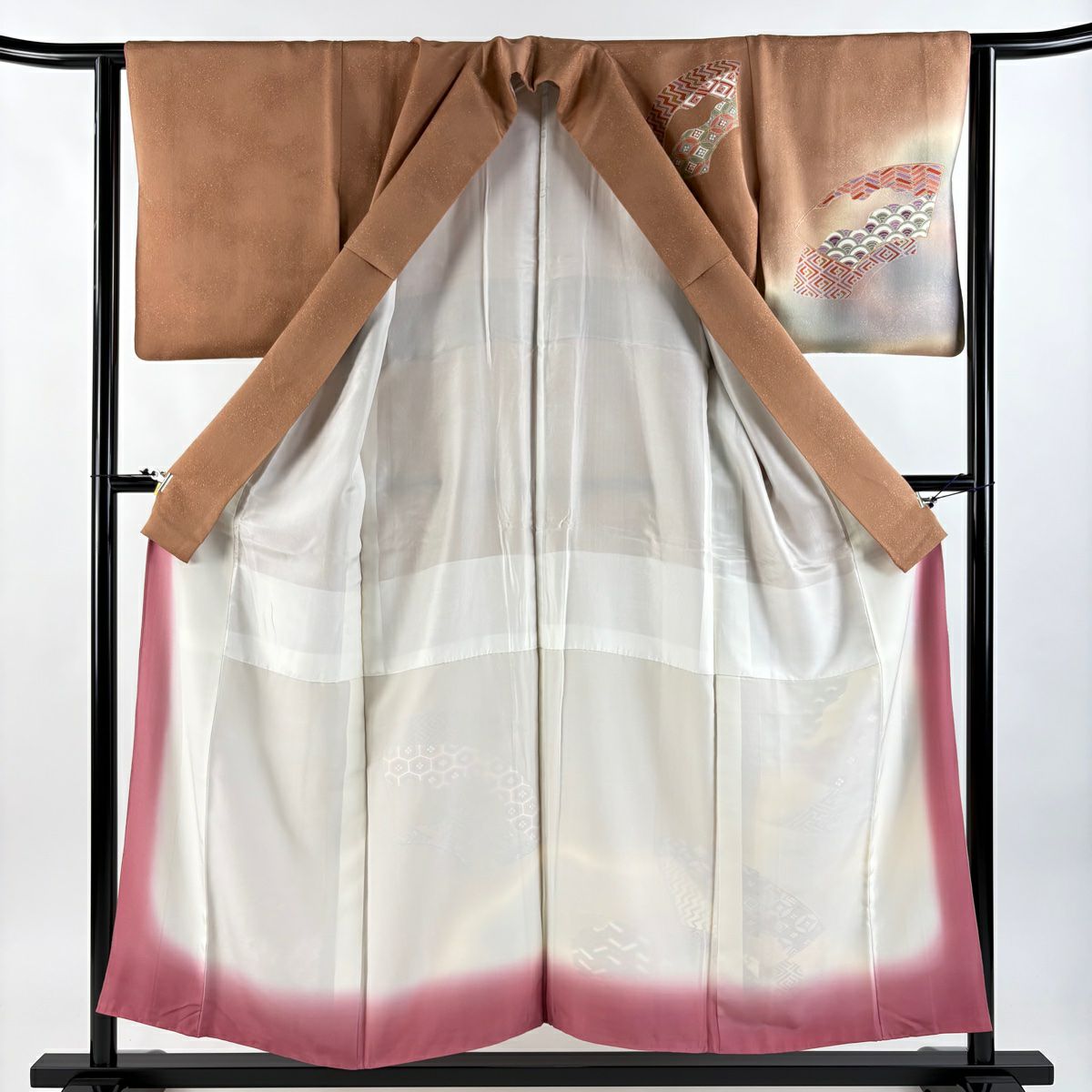【美品】訪問服 身長154cm 袖長62.5cm S 雙層 扇子面 有職紋樣 銀通し 漸層 粉米色 純蠶絲 秀品級