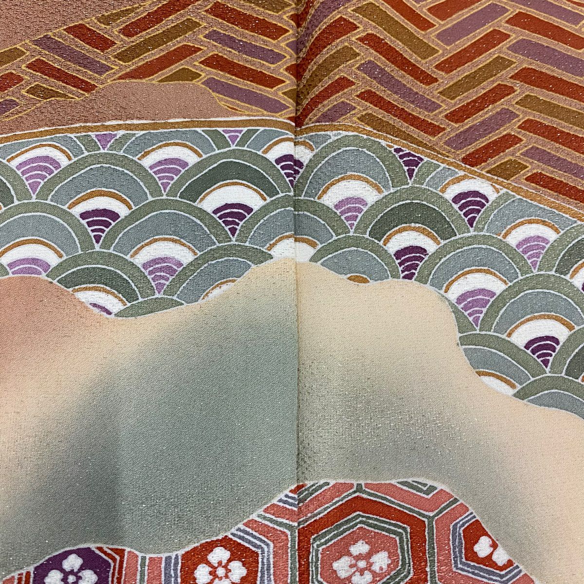 【美品】訪問服 身長154cm 袖長62.5cm S 雙層 扇子面 有職紋樣 銀通し 漸層 粉米色 純蠶絲 秀品級