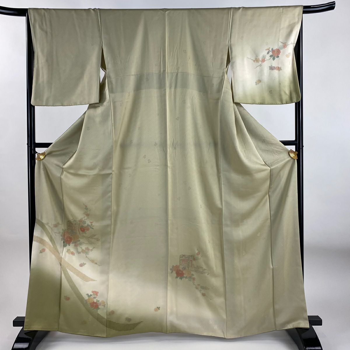 訪問服 身長164.5cm 袖長65cm M 雙層 御所車 草花紋紋 刺繡 染分 灰綠 純蠶絲 秀品級
