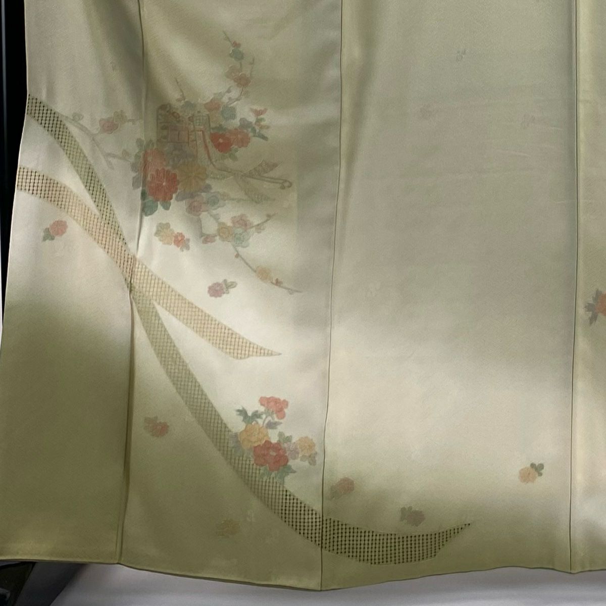 訪問服 身長164.5cm 袖長65cm M 雙層 御所車 草花紋紋 刺繡 染分 灰綠 純蠶絲 秀品級