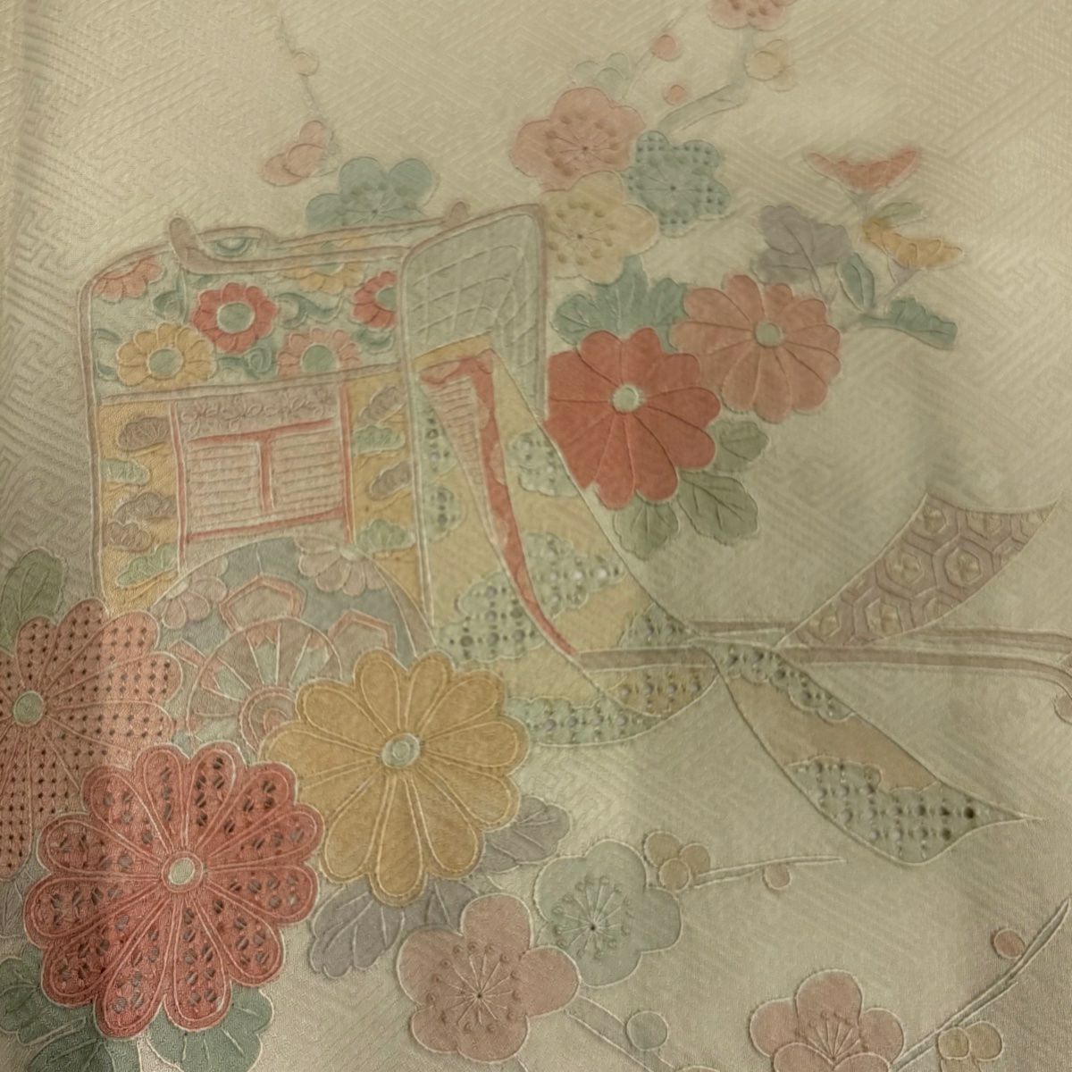 訪問服 身長164.5cm 袖長65cm M 雙層 御所車 草花紋紋 刺繡 染分 灰綠 純蠶絲 秀品級