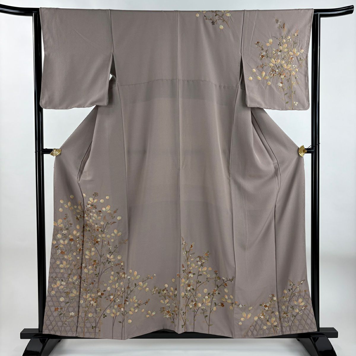 【庫存清倉】 【美品】 訪問服 身長156.5cm 袖長64.5cm M 雙層 枝花 光悅垣 刺繡 絞染 淡小豆 純蠶絲 名品級