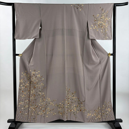 【庫存清倉】 【美品】 訪問服 身長156.5cm 袖長64.5cm M 雙層 枝花 光悅垣 刺繡 絞染 淡小豆 純蠶絲 名品級