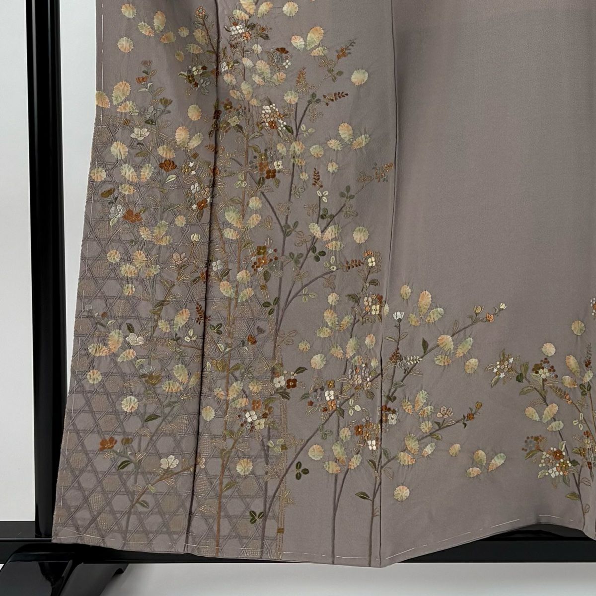 【庫存清倉】 【美品】 訪問服 身長156.5cm 袖長64.5cm M 雙層 枝花 光悅垣 刺繡 絞染 淡小豆 純蠶絲 名品級