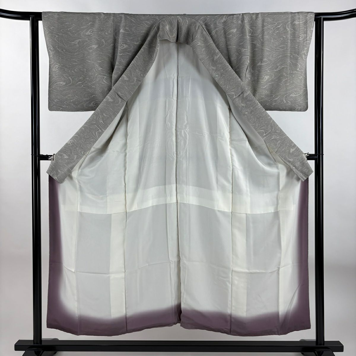 【庫存清倉】 小紋 身長152cm 袖長62cm S 雙層 墨流 灰 純蠶絲 名品級