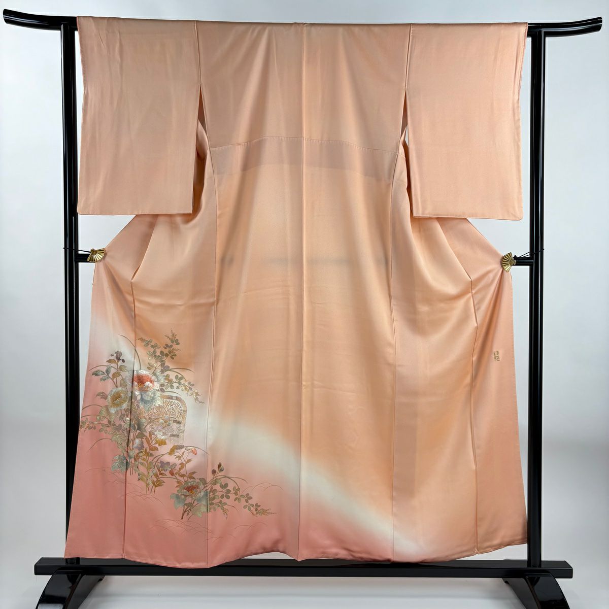 【庫存清倉】 付下 身長155cm 袖長62cm S 雙層 和田光正 落款 草花紋紋 光悅垣 鮭粉色 純蠶絲 名品級