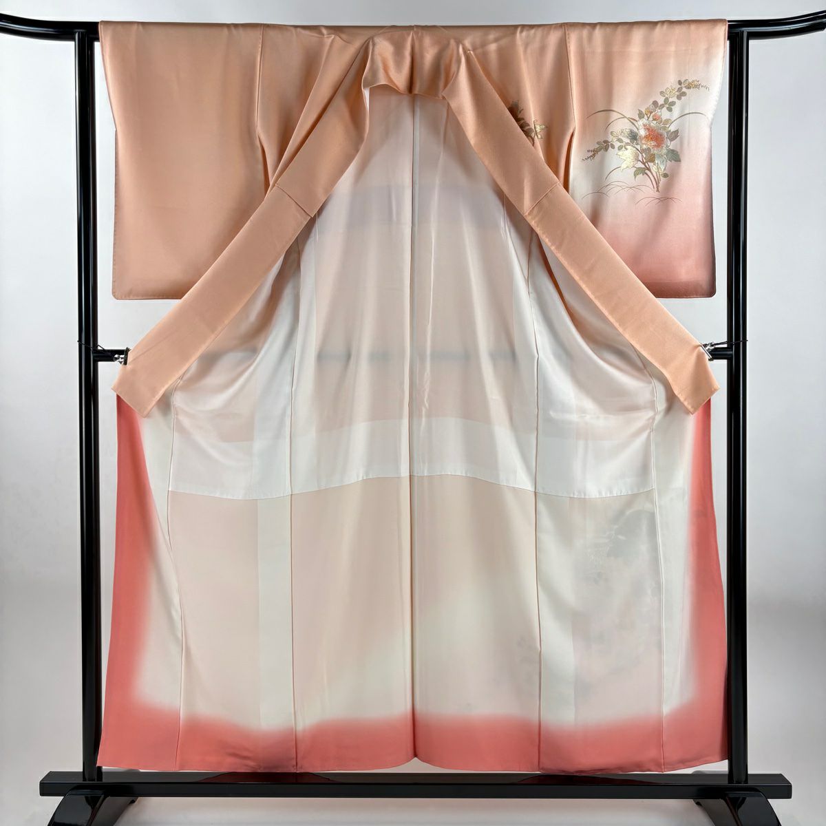 【庫存清倉】 付下 身長155cm 袖長62cm S 雙層 和田光正 落款 草花紋紋 光悅垣 鮭粉色 純蠶絲 名品級