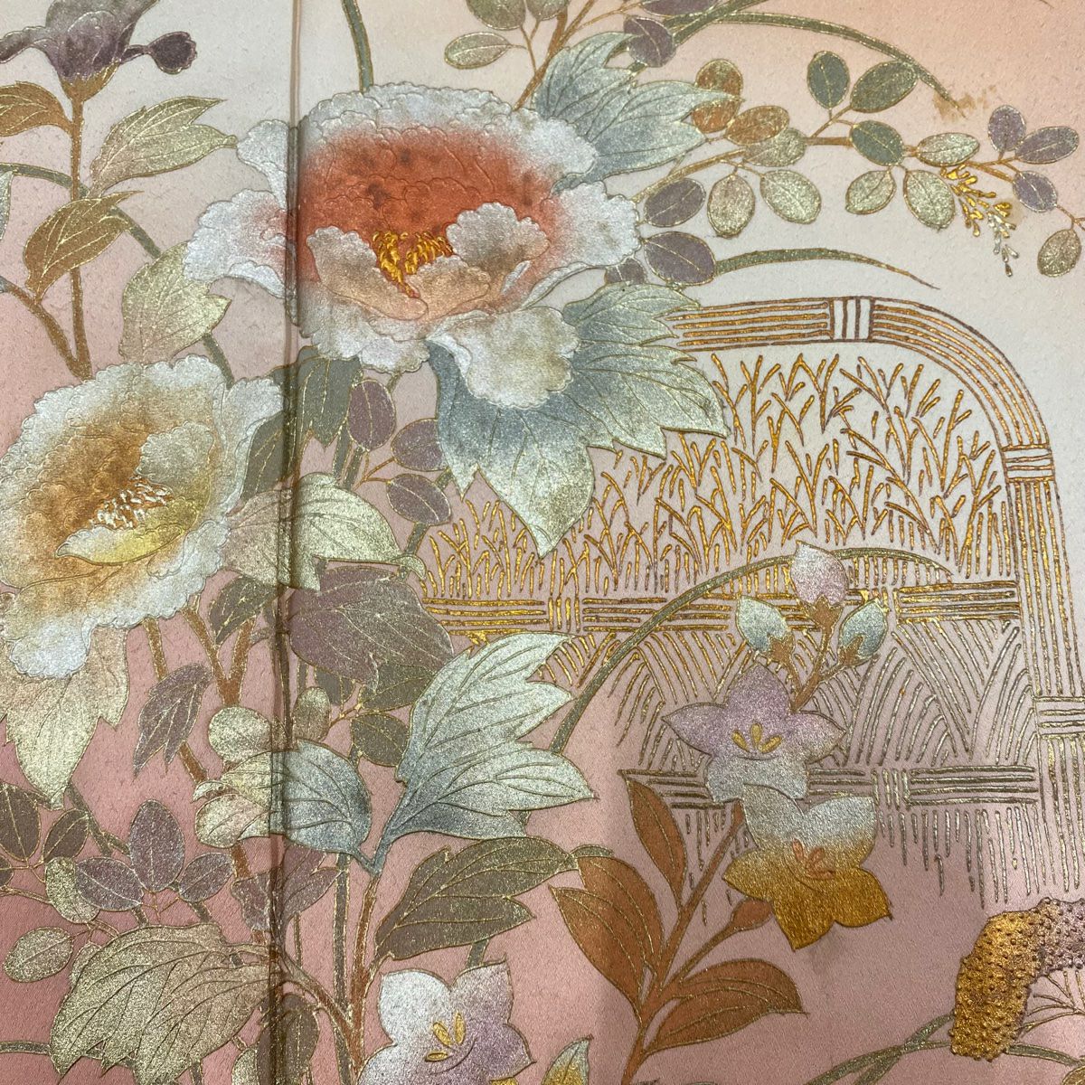 【庫存清倉】 付下 身長155cm 袖長62cm S 雙層 和田光正 落款 草花紋紋 光悅垣 鮭粉色 純蠶絲 名品級