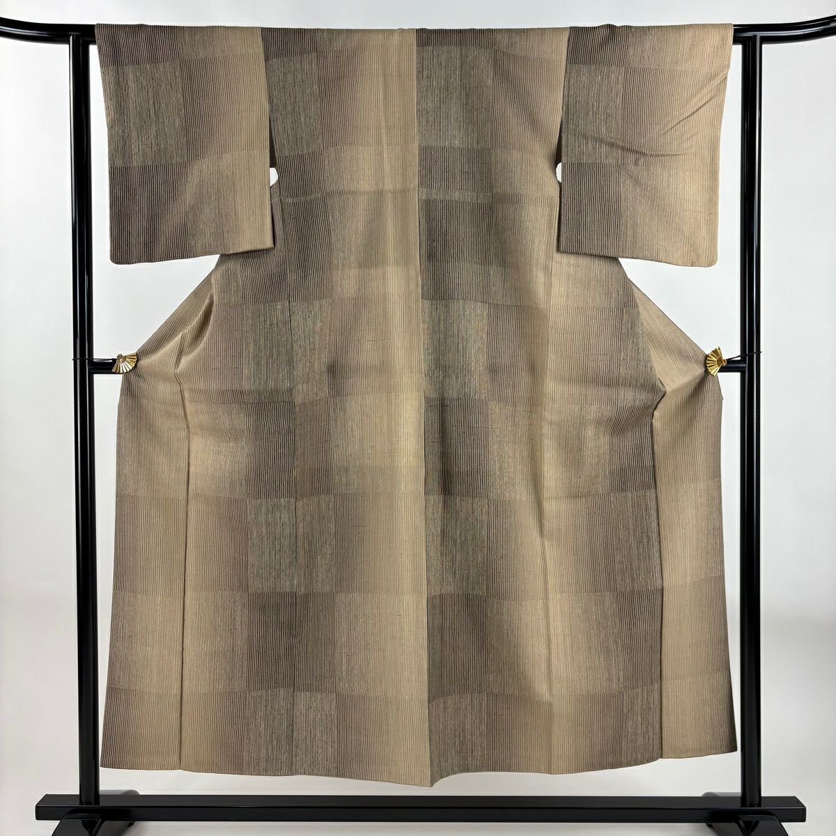 【庫存清倉】 【美品】 紬織 身長154cm 袖長61cm S 雙層 條紋 變化市松樹 茶 純蠶絲 名品級