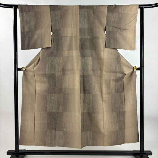 【庫存清倉】 【美品】 紬織 身長154cm 袖長61cm S 雙層 條紋 變化市松樹 茶 純蠶絲 名品級
