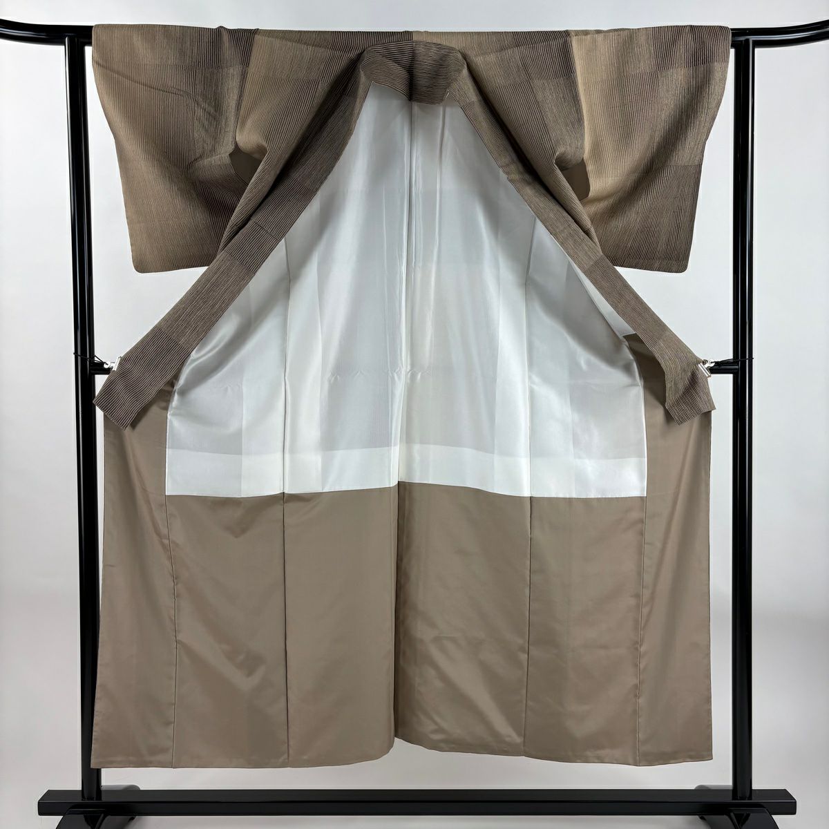 【庫存清倉】 【美品】 紬織 身長154cm 袖長61cm S 雙層 條紋 變化市松樹 茶 純蠶絲 名品級