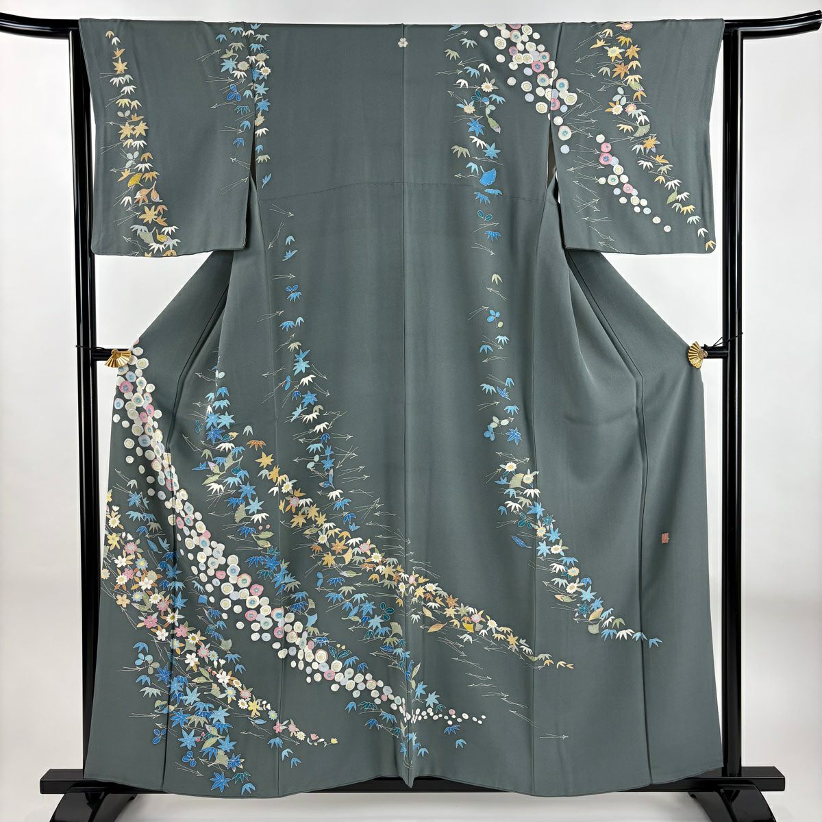 【庫存清倉】訪問服 身長158.5cm 袖長62.5cm S 雙層 落款有 梅花 草花紋紋 灰綠 純蠶絲 名品級 一つ紋
